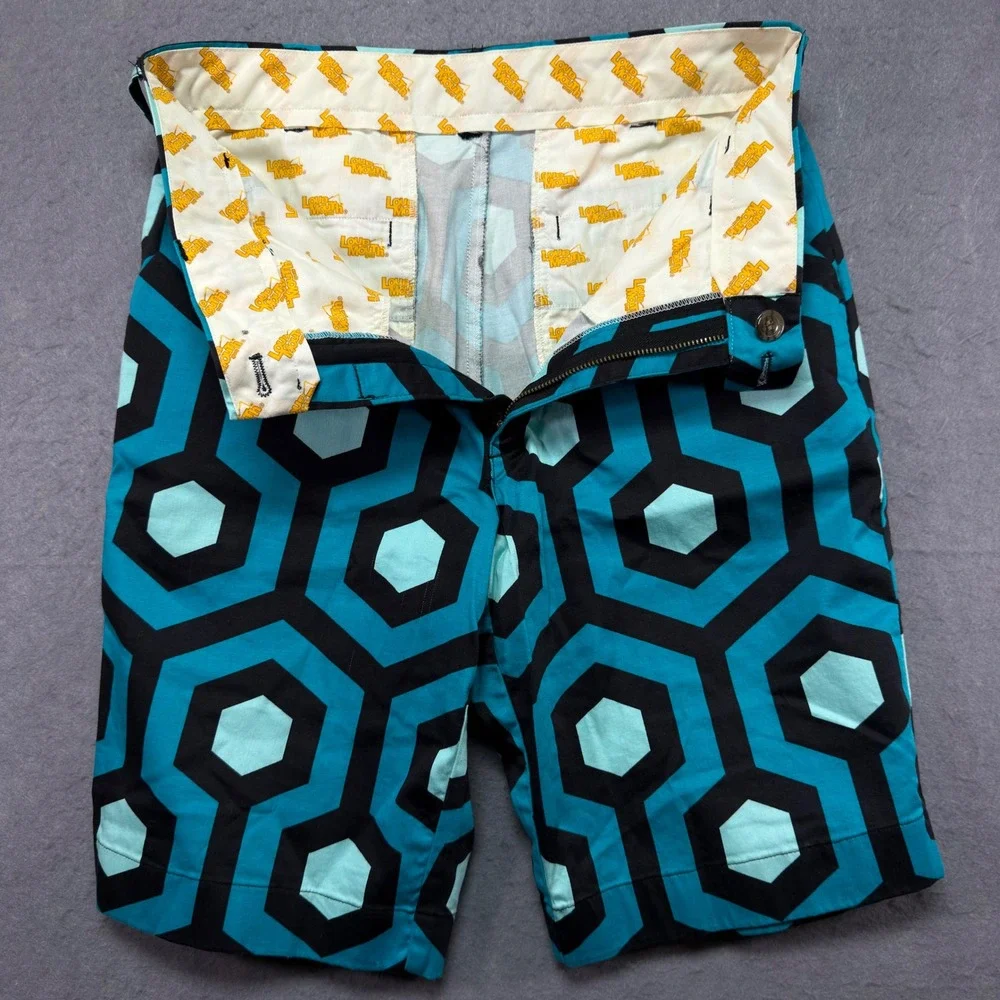 Loudmouth Golf Shorts Mens 32 Turquoise Black Hexagon Geometric Shining Pattern